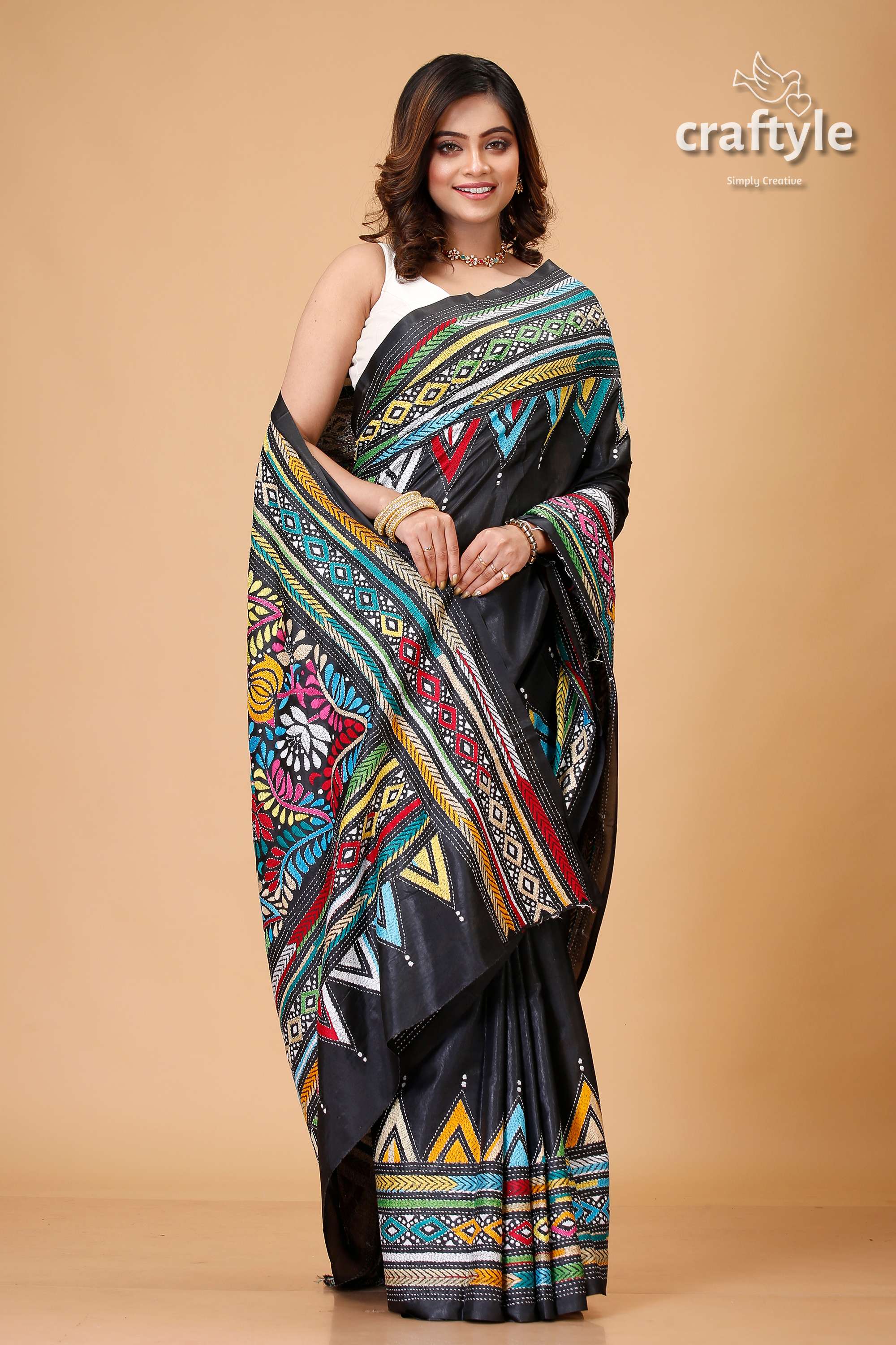 Midnight Black Multithread Silk Kantha Saree - Craftyle