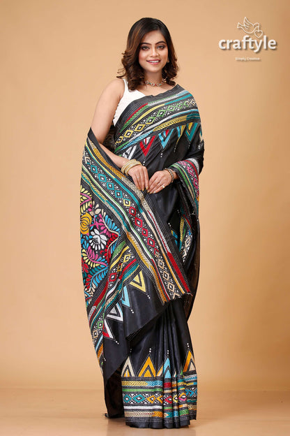 Midnight Black Multithread Silk Kantha Saree - Craftyle