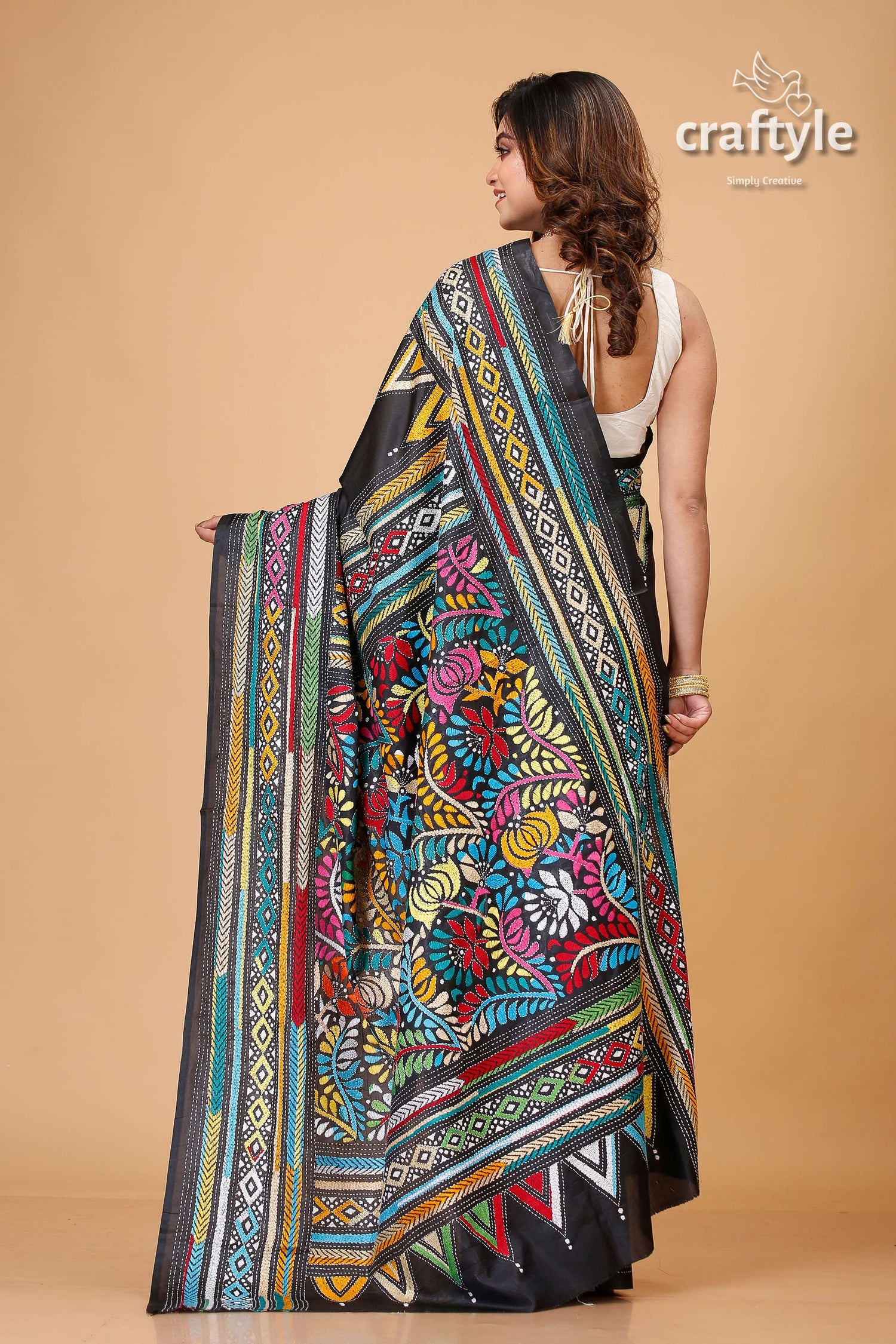 Midnight Black Multithread Silk Kantha Saree - Craftyle