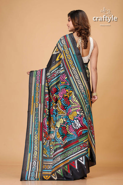 Midnight Black Multithread Silk Kantha Saree - Craftyle