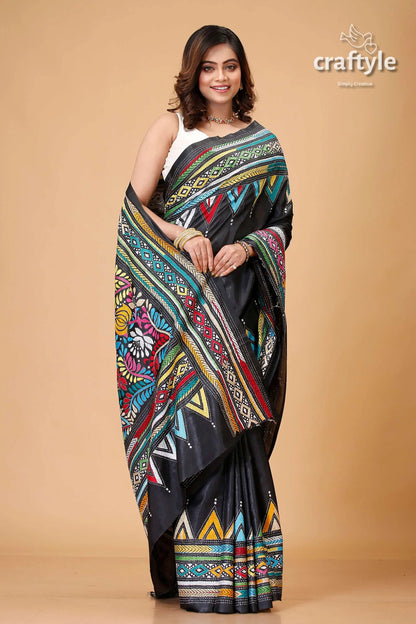 Midnight black multithread silk kantha saree black saree colorful geometric floral 4