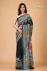 Midnight Black Multithread Silk Kantha Saree - Craftyle