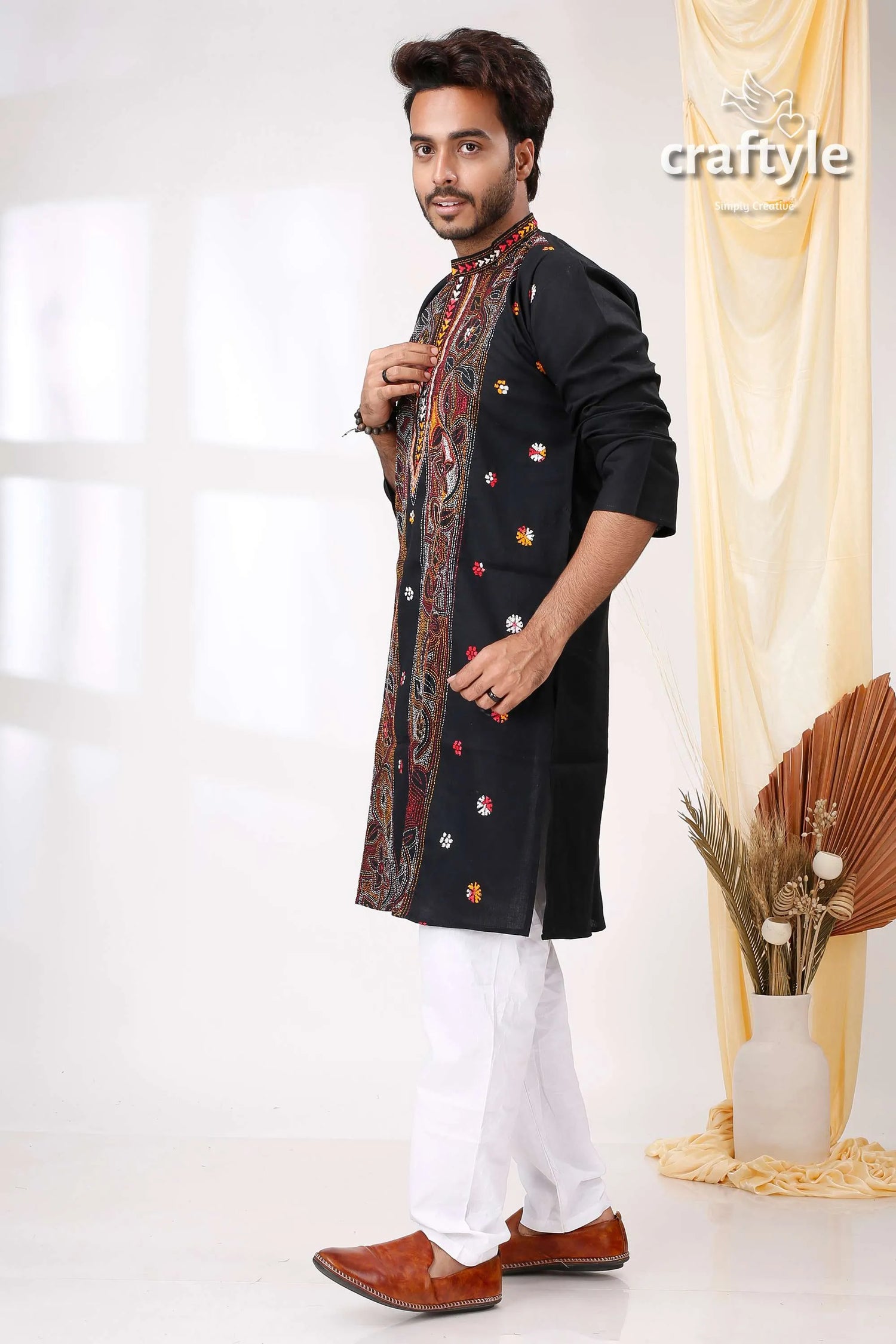 Midnight black multithread work kantha stitch cotton panjabi for men embroidered kurta intricate floral 4