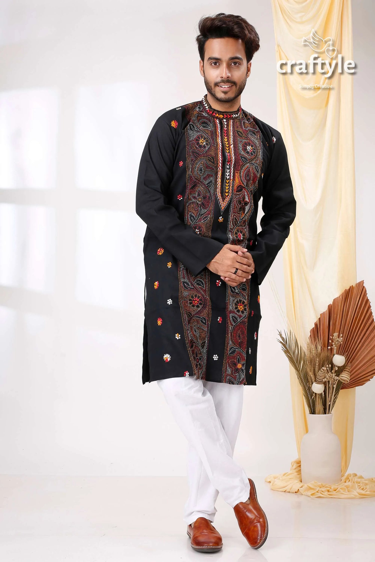 Midnight black multithread work kantha stitch cotton panjabi for men embroidered kurta intricate floral 3