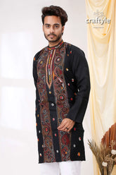 Midnight black multithread work kantha stitch cotton panjabi for men embroidered kurta intricate red 2