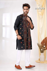 Midnight black multithread work kantha stitch cotton panjabi for men embroidered kurta intricate red 1