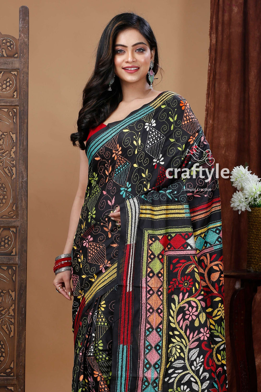 Midnight Black Silk Kantha Work Saree with Hand Embroidery-Craftyle