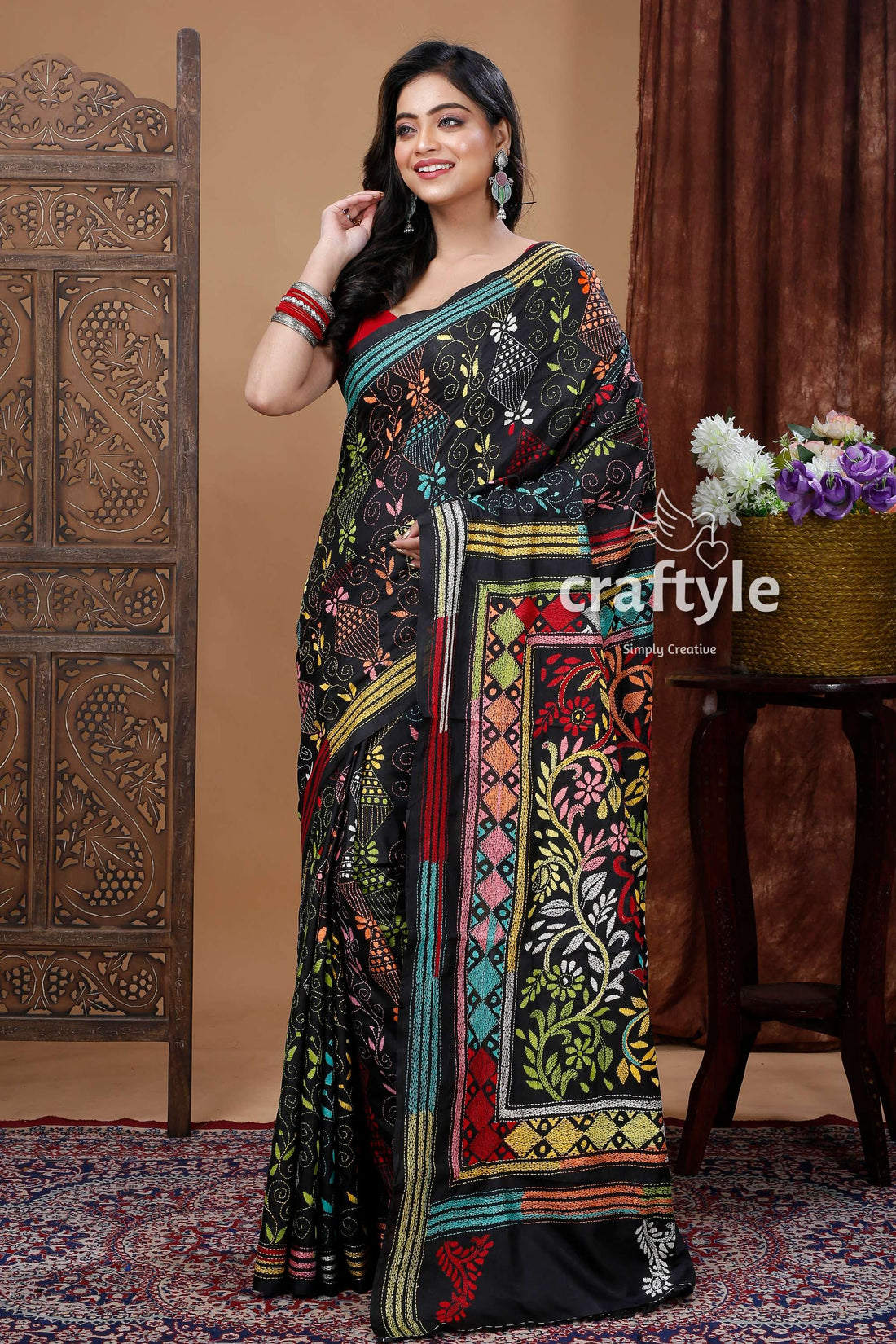 Midnight Black Silk Kantha Work Saree with Hand Embroidery-Craftyle