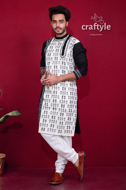 Midnight black &amp; white kantha stitch cotton kurta for men men’s printed 5