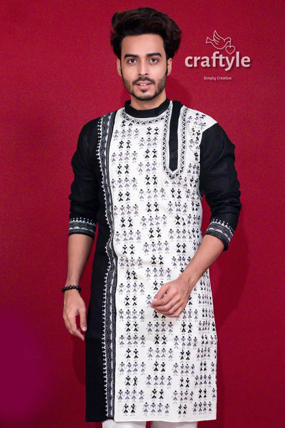 Midnight black &amp; white kantha stitch cotton kurta for men men’s long 4