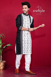 Midnight black & white kantha stitch cotton kurta for men men’s patterned 2