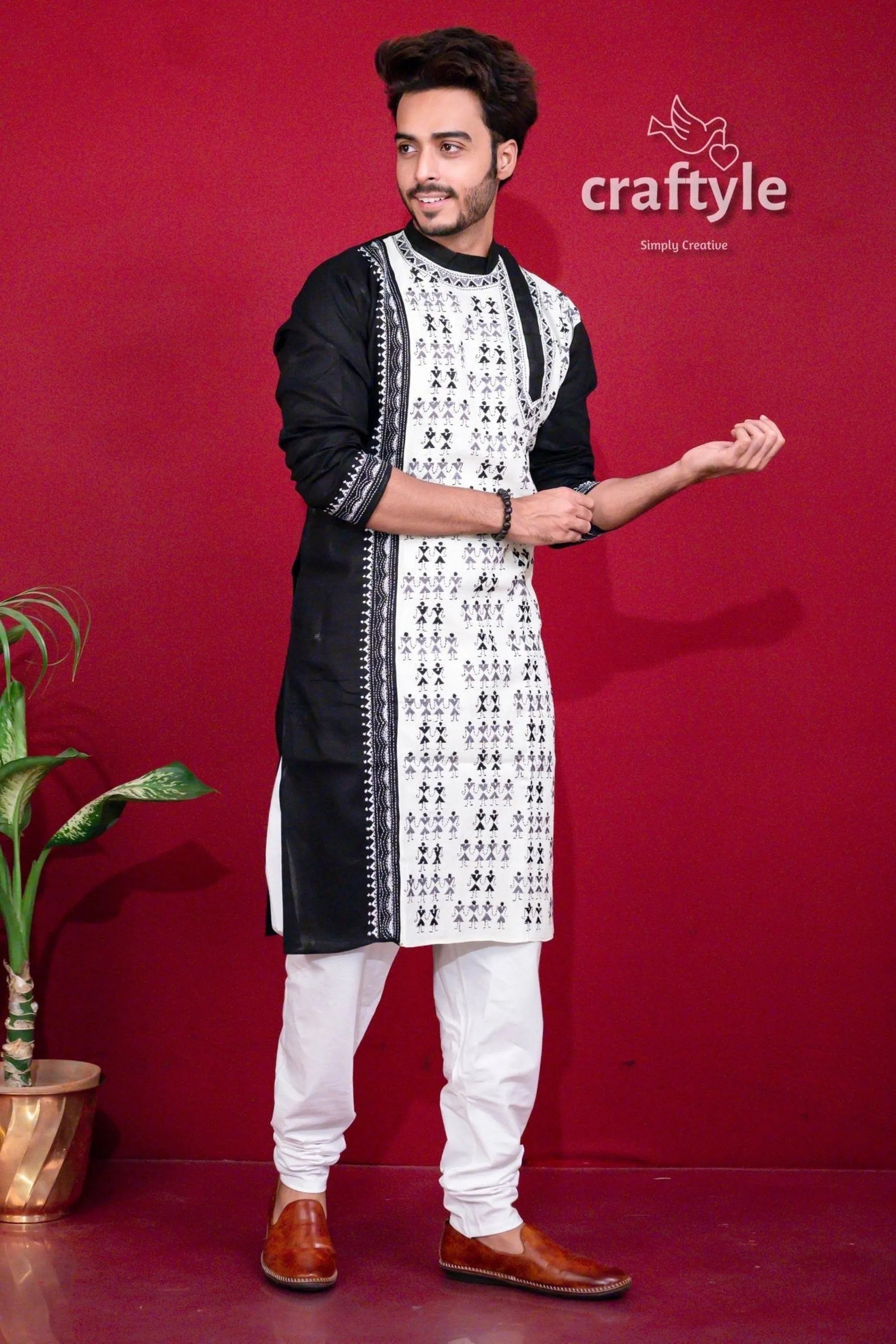Midnight black &amp; white kantha stitch cotton kurta for men men’s patterned 2