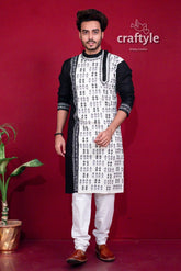 Midnight black & white kantha stitch cotton kurta for men men’s printed 1