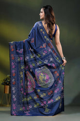 Midnight blue bird motif hand embroidered multicolor kantha silk saree 5