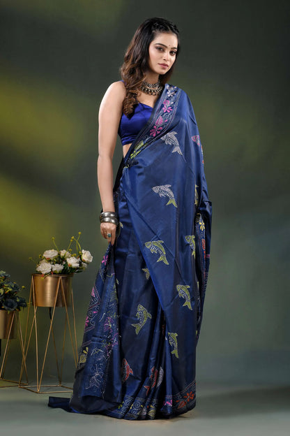 Midnight blue bird motif hand embroidered multicolor kantha silk saree 4