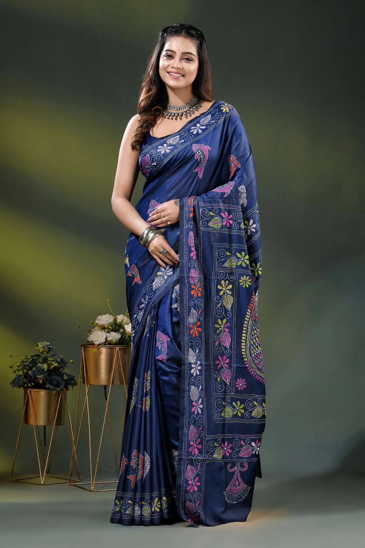Midnight blue bird motif hand embroidered multicolor kantha silk saree 6