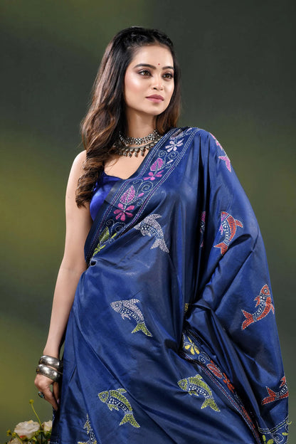 Midnight blue bird motif hand embroidered multicolor kantha silk saree 2