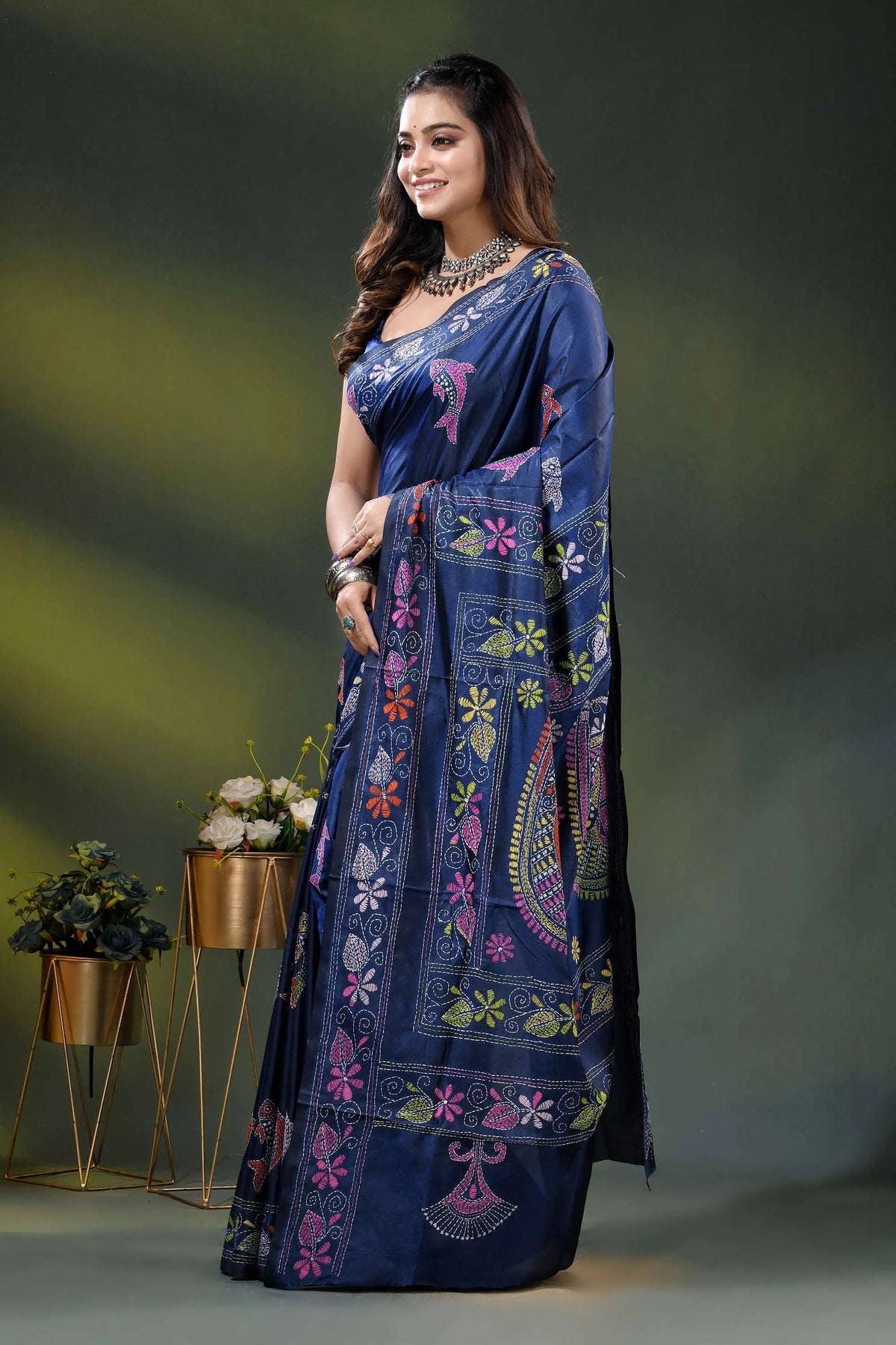 Midnight blue bird motif hand embroidered multicolor kantha silk saree 3