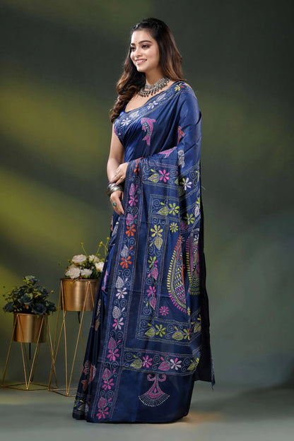 Midnight blue bird motif hand embroidered multicolor kantha silk saree 3