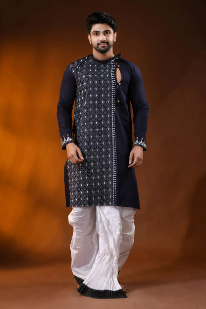 Midnight blue cotton panjabi for men with diamond kantha embroidery design 1
