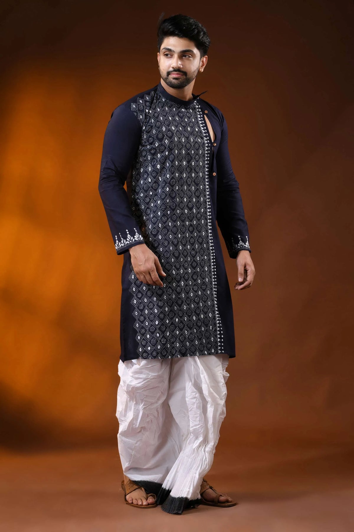 Midnight blue cotton panjabi for men with diamond kantha embroidery design 5