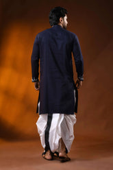 Midnight blue cotton panjabi for men with diamond kantha embroidery design 6