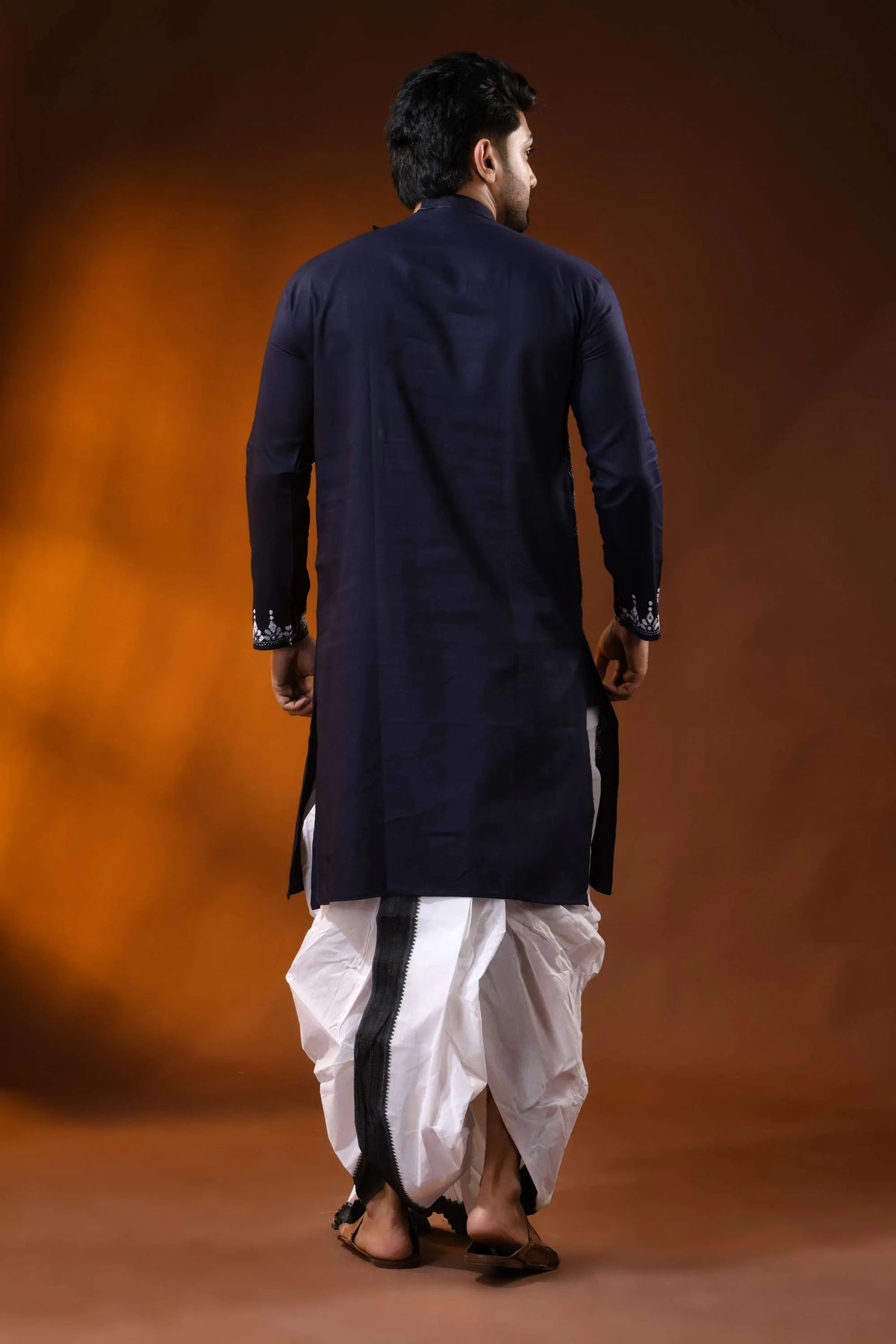 Midnight blue cotton panjabi for men with diamond kantha embroidery design 6