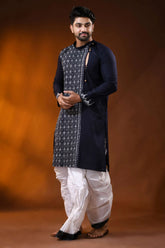 Midnight blue cotton panjabi for men with diamond kantha embroidery design 4