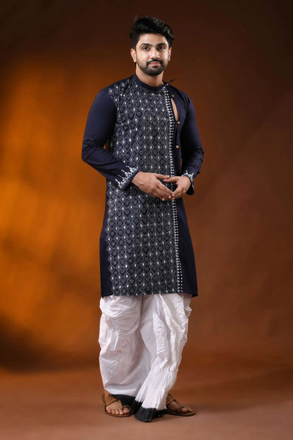 Midnight blue cotton panjabi for men with diamond kantha embroidery design 3