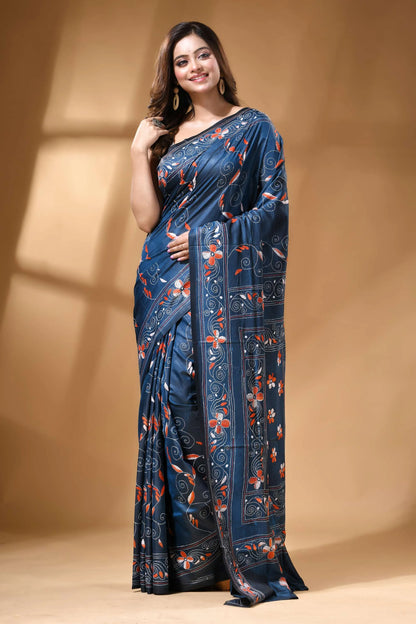 Midnight blue fish motif hand embroidered silk kantha saree navy blue silk saree adorned 7