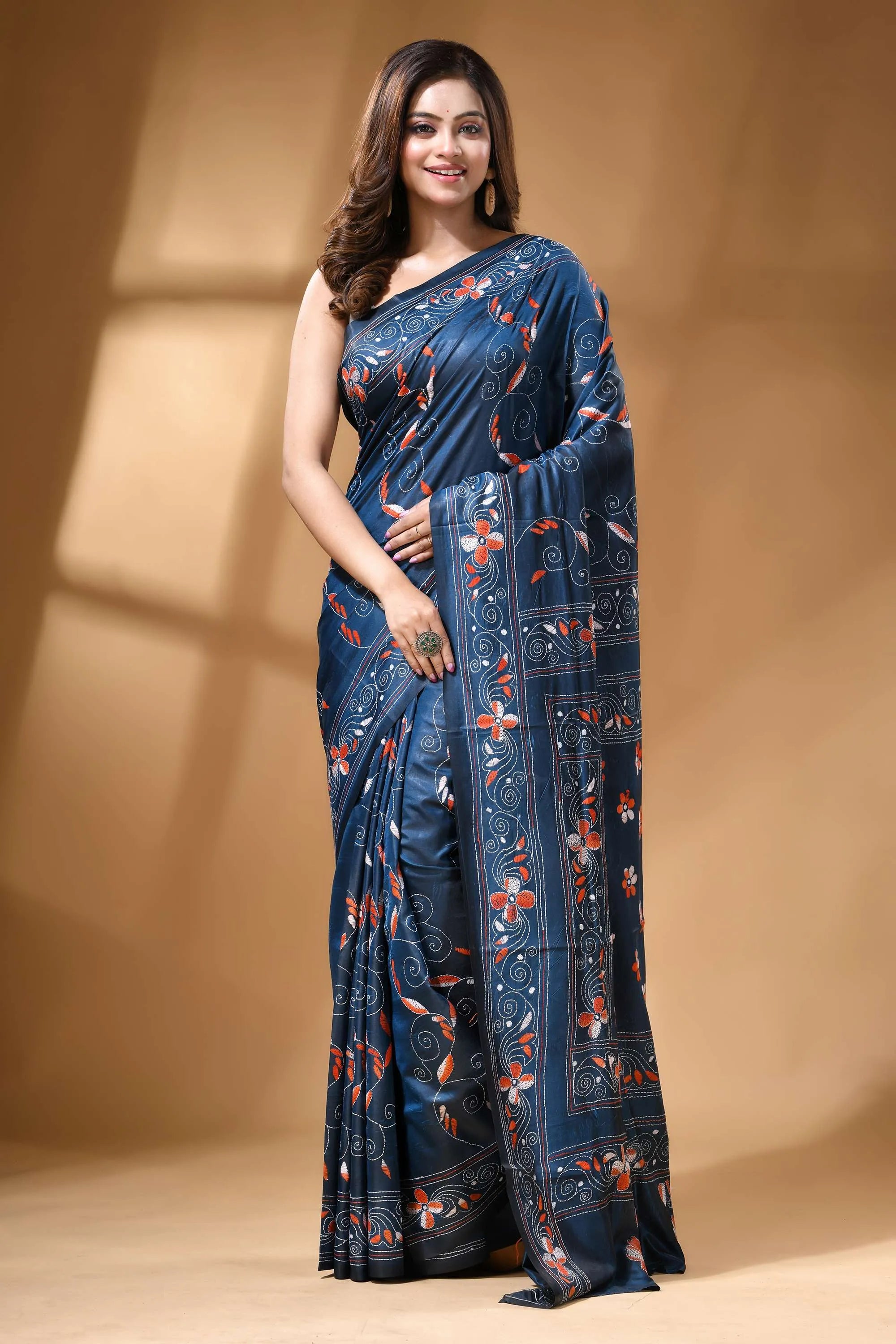 Midnight blue fish motif hand embroidered silk kantha saree navy blue silk saree adorned 1