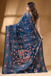 Midnight blue fish motif hand embroidered silk kantha saree navy blue silk saree adorned 6