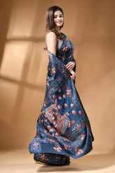 Midnight blue fish motif hand embroidered silk kantha saree woman wears deep blue saree 4