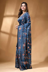 Midnight blue fish motif hand embroidered silk kantha saree navy blue silk saree adorned 3