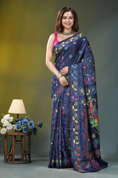Midnight blue floral design silk kantha saree navy blue saree adorned vibrant 1