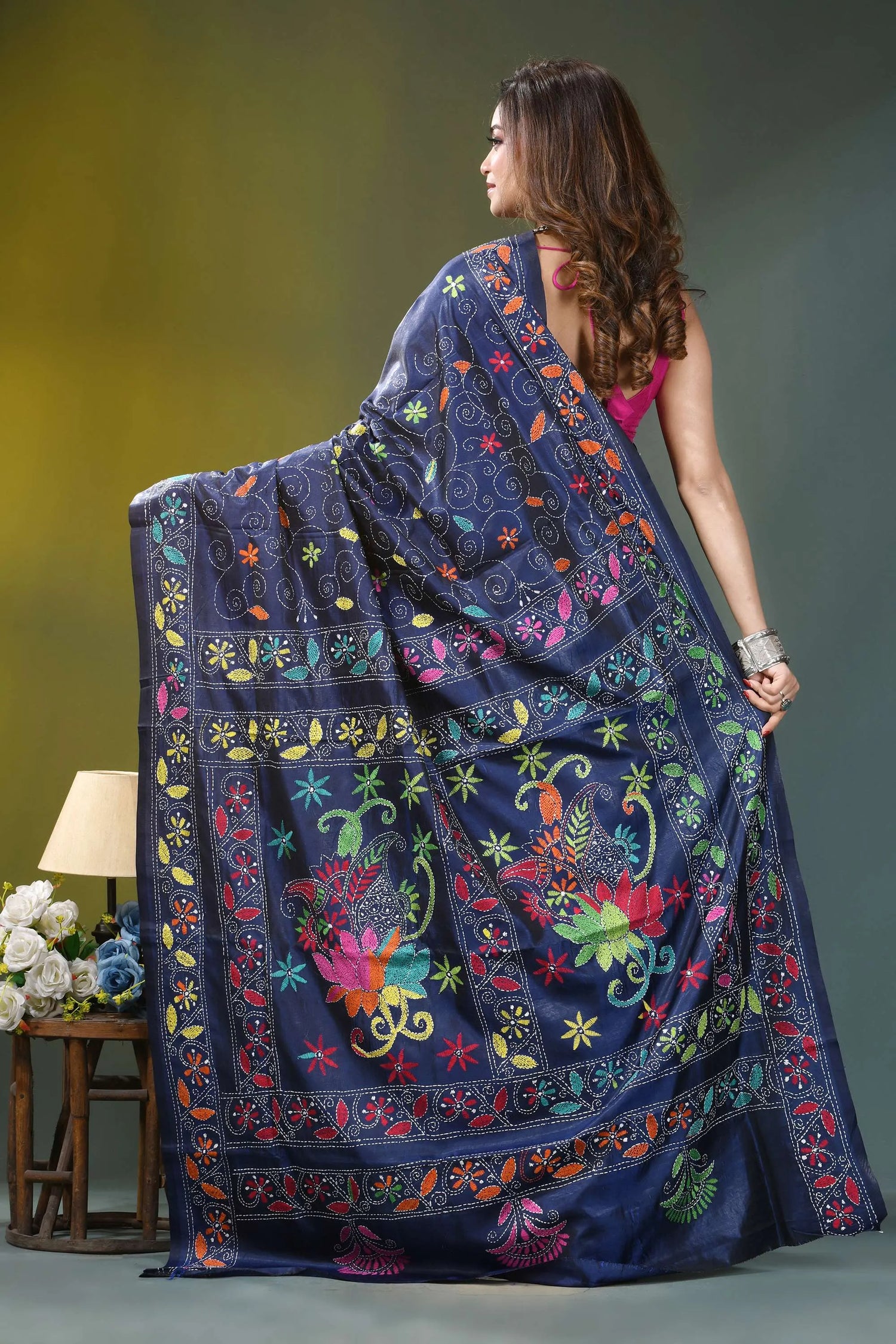 Midnight blue floral design silk kantha saree navy blue silk saree adorned 5