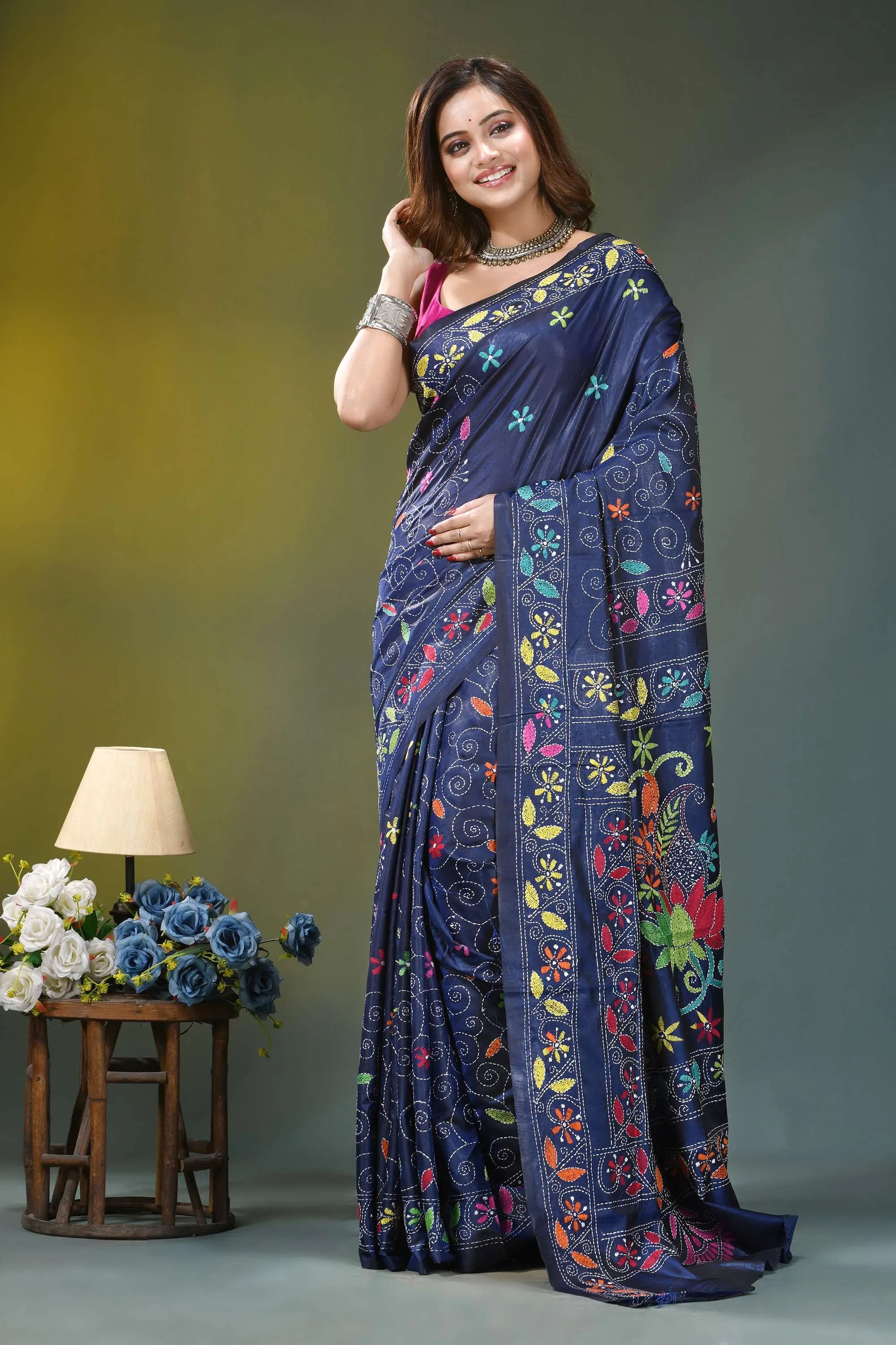 Midnight blue floral design silk kantha saree woman wears navy blue saree 6