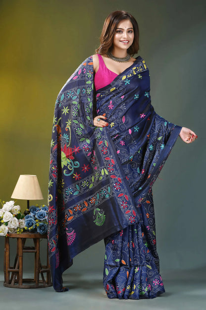 Midnight blue floral design silk kantha saree navy blue saree vibrant multicolored 4