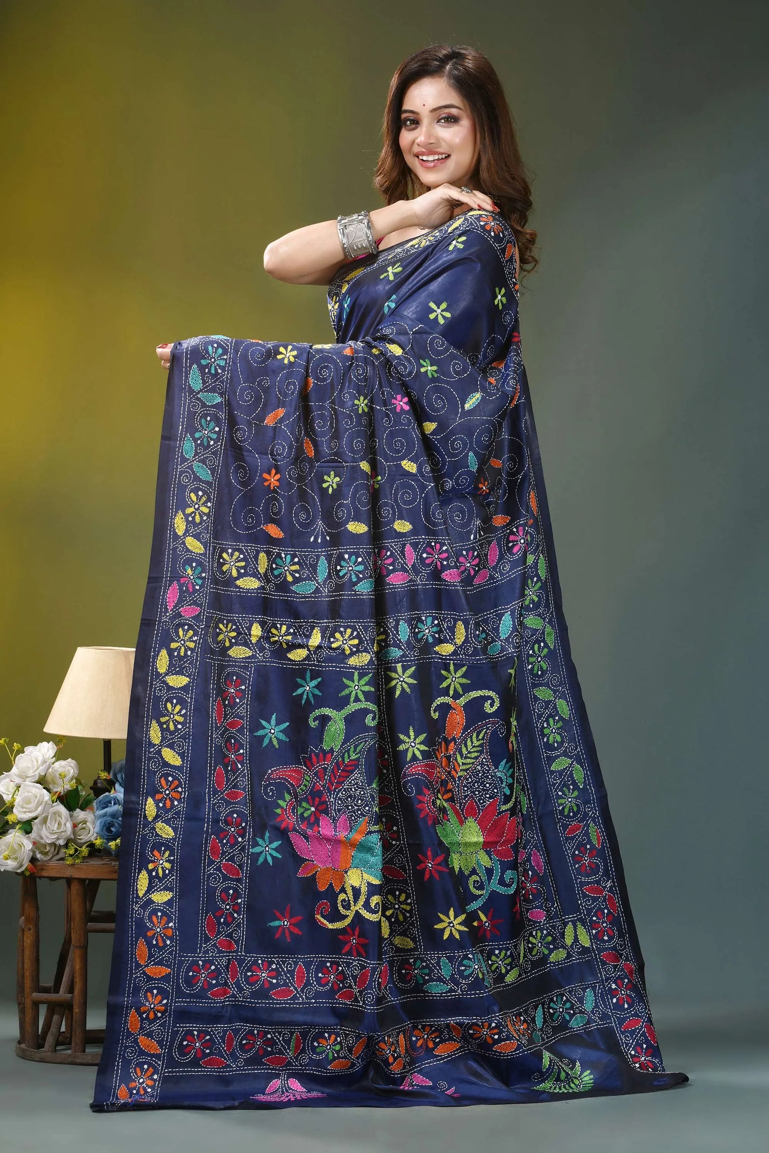 Midnight blue floral design silk kantha saree navy blue silk saree adorned 3
