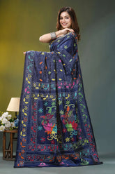 Midnight blue floral design silk kantha saree navy blue silk saree adorned 3
