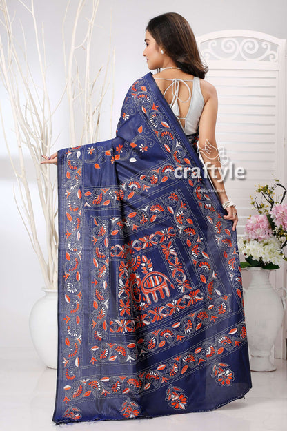 Midnight Blue Hand Embroidered Kantha Silk Saree - Craftyle