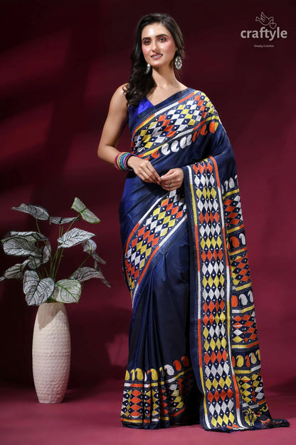 Midnight blue multi-thread hand kantha embroidery silk saree navy blue saree vibrant geometric 6