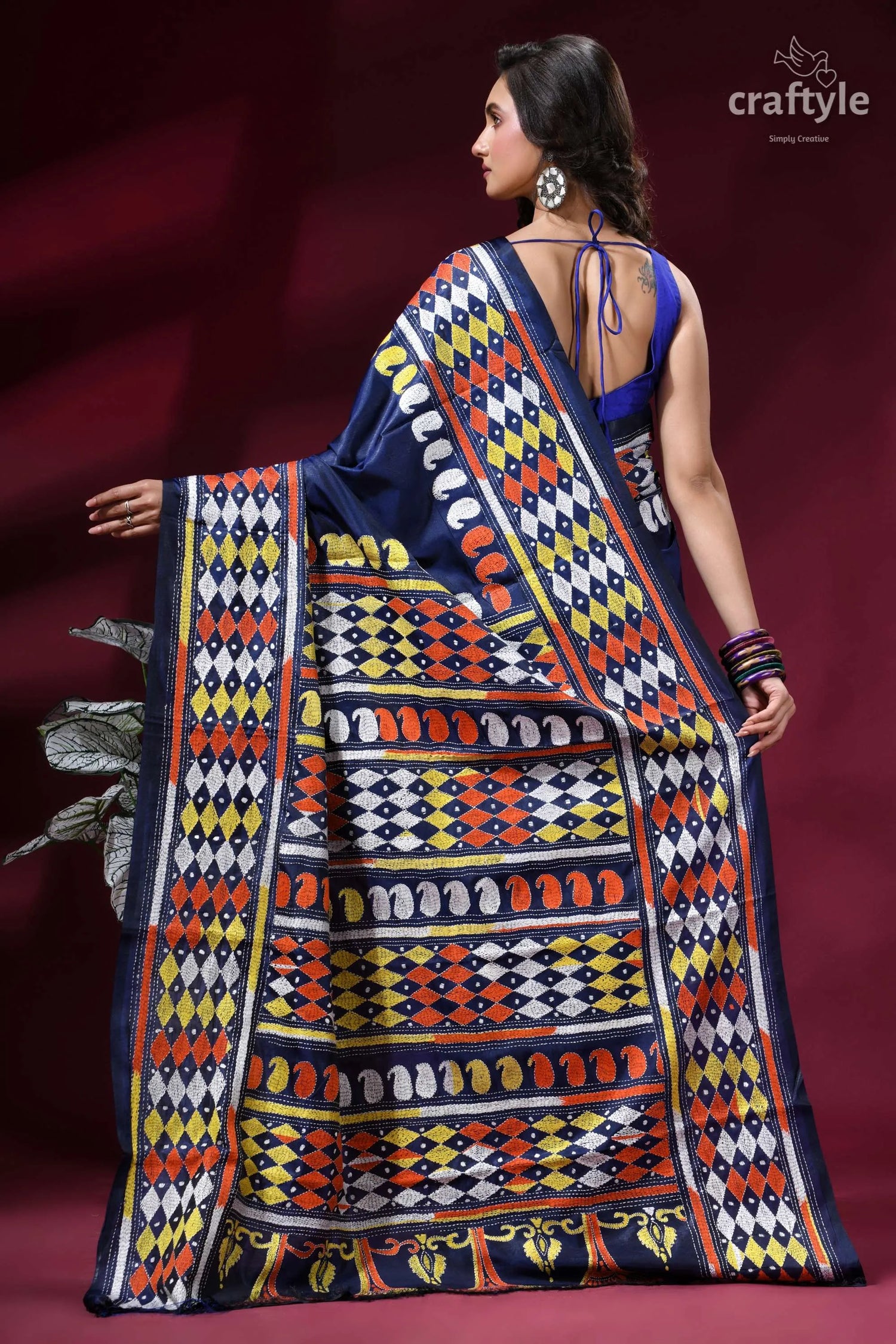 Midnight blue multi-thread hand kantha embroidery silk saree navy blue saree vibrant geometric 4