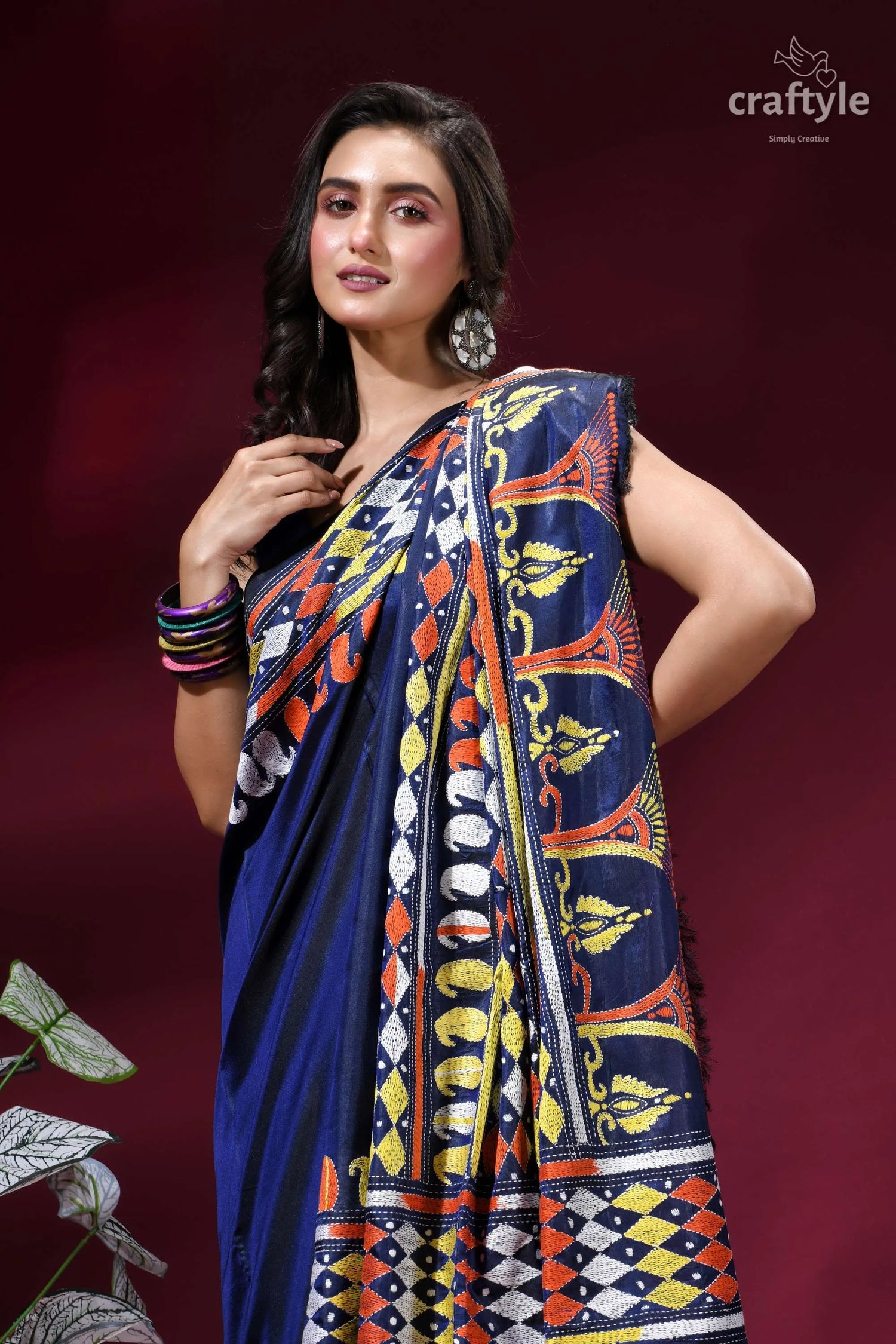 Midnight blue multi-thread hand kantha embroidery silk saree woman wears navy blue saree 7