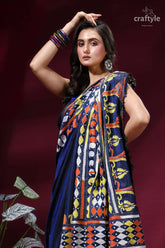Midnight blue multi-thread hand kantha embroidery silk saree navy blue saree vibrant orange 2