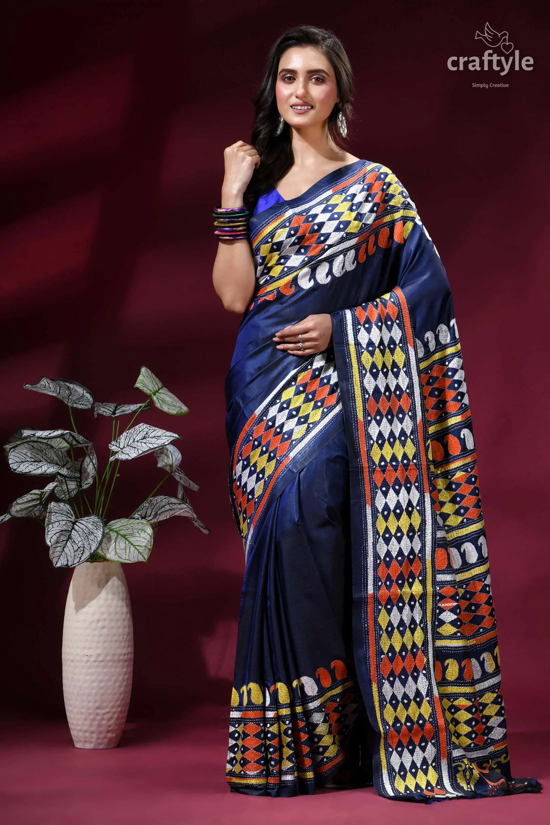 Midnight blue multi-thread hand kantha embroidery silk saree navy blue saree vibrant geometric 1