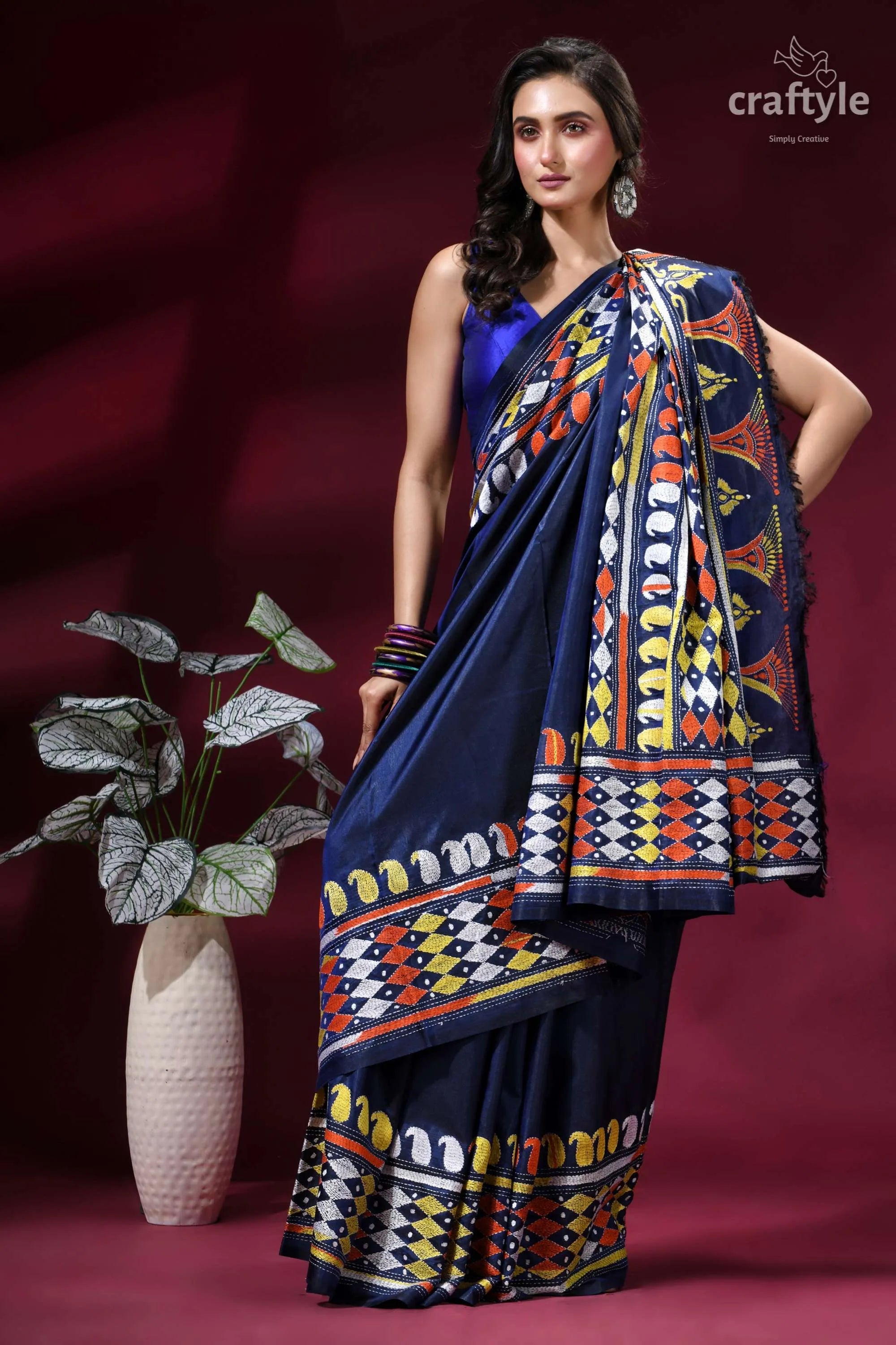 Midnight blue multi-thread hand kantha embroidery silk saree navy blue saree vibrant geometric 5