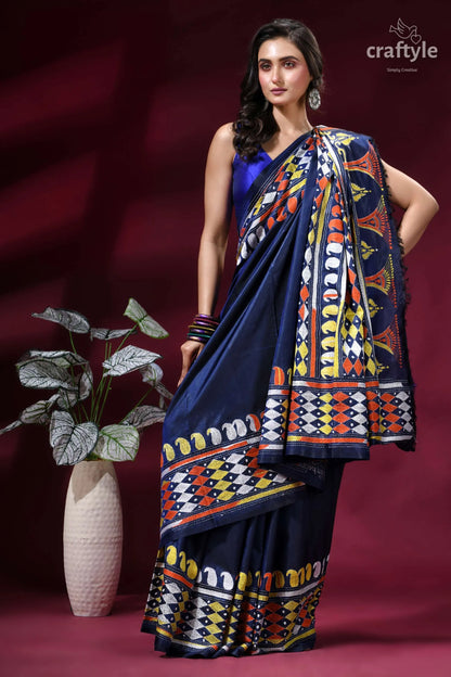 Midnight blue multi-thread hand kantha embroidery silk saree navy blue saree vibrant geometric 5