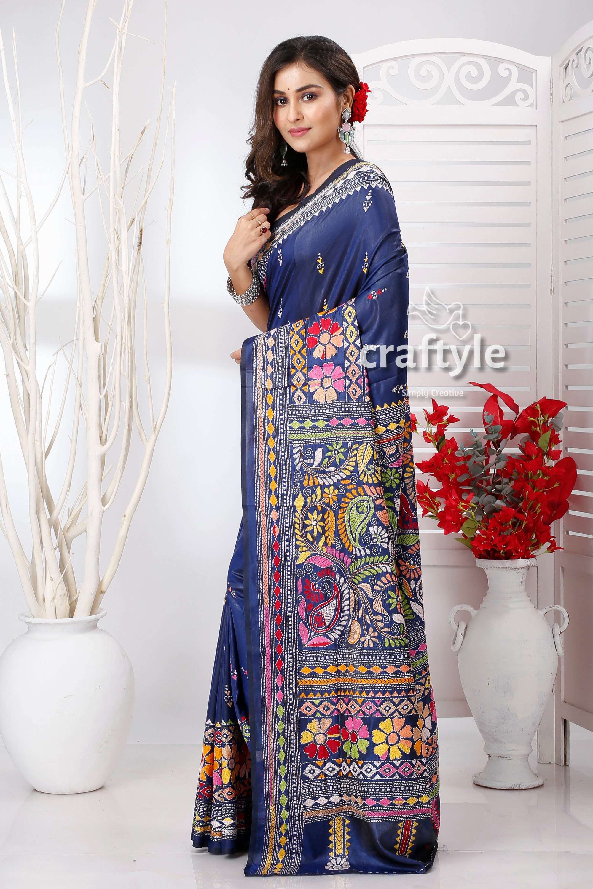 Midnight Blue Multicolor Floral Kantha Embroidery Silk Saree - Craftyle