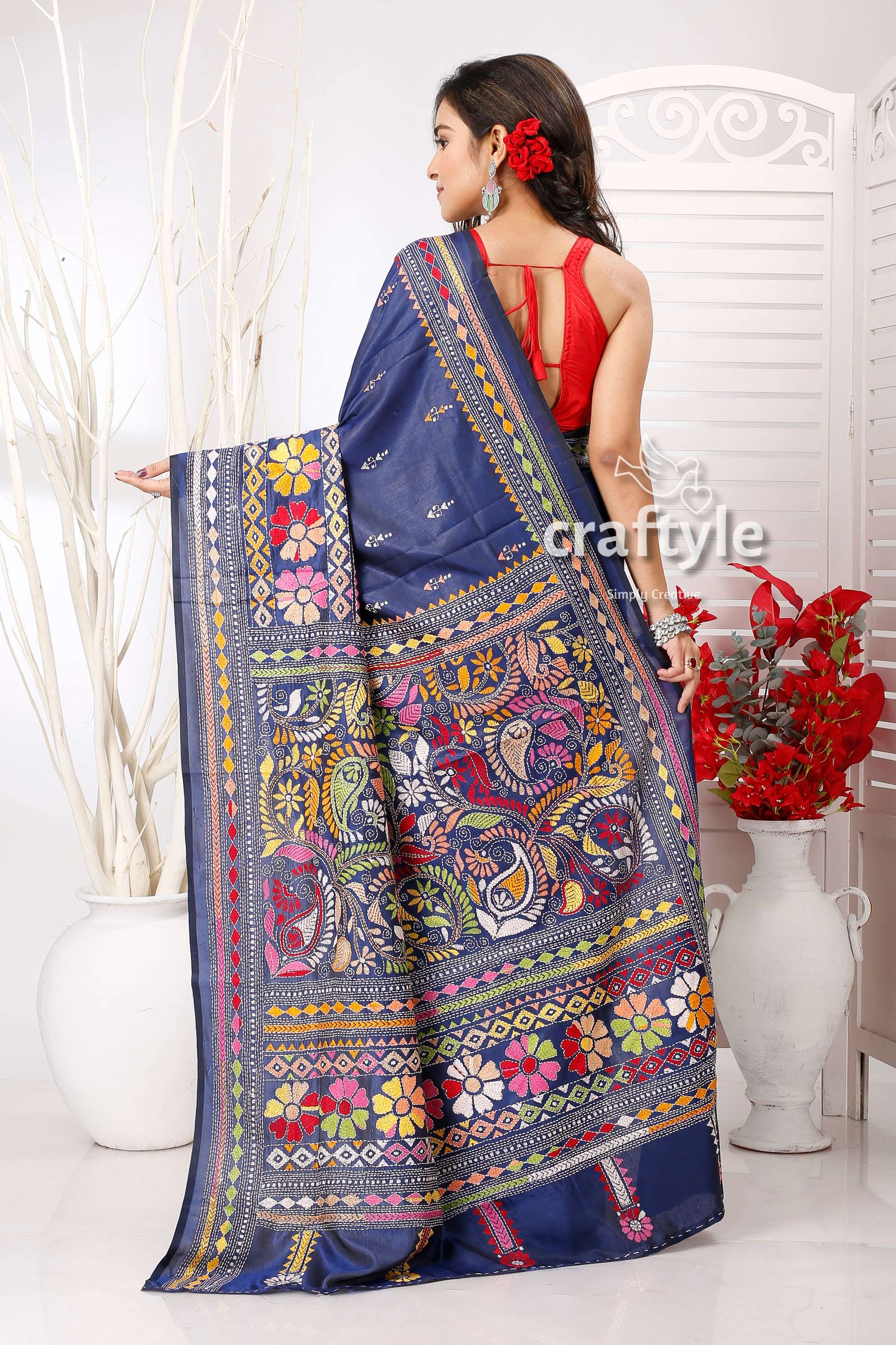 Midnight Blue Multicolor Floral Kantha Embroidery Silk Saree - Craftyle